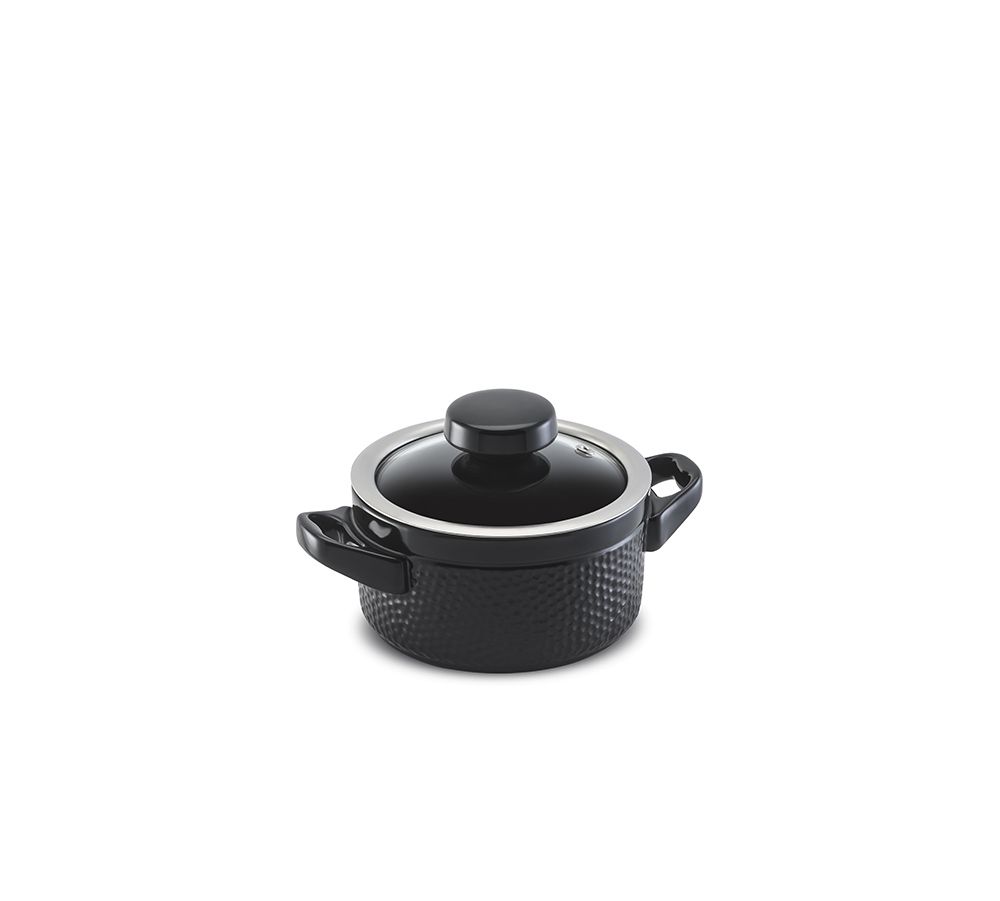 Caçarola Martelada 14cm 500ml - Preta (Glass) Elas São Ideais Para O Preparo Individual De Refeições. Evita Desperdícios E Garante À Refeição Um Visual Único E Moderno. Além disso as panelas