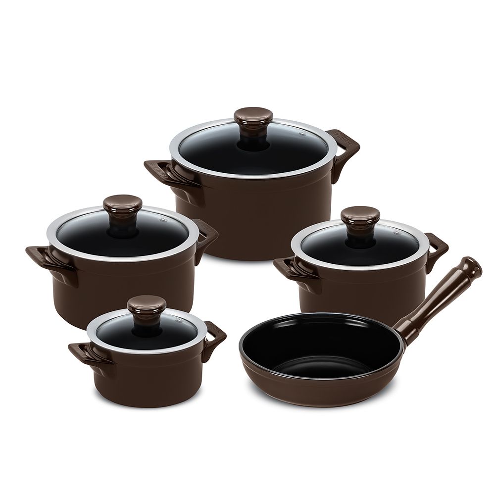 J623545-CONJUNTO-CLEAR-5-PCS-CHOCOLATE.jpg Jogo De Panelas De Cerâmica Ceraflame Clear 5 Pcs - Chocolate - Imagem 1